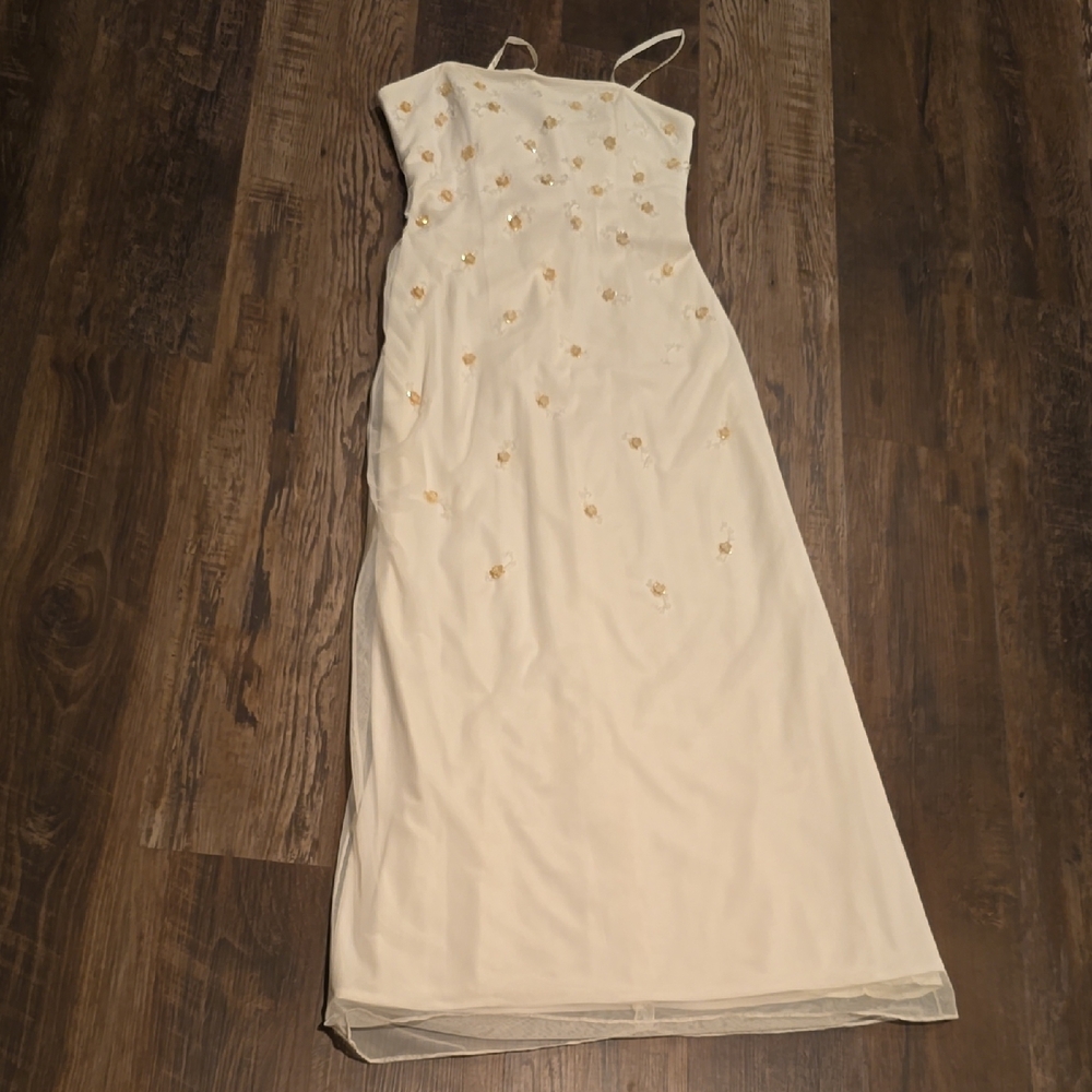 Papell Boutique Cream Wedding Dress with Gold Accents